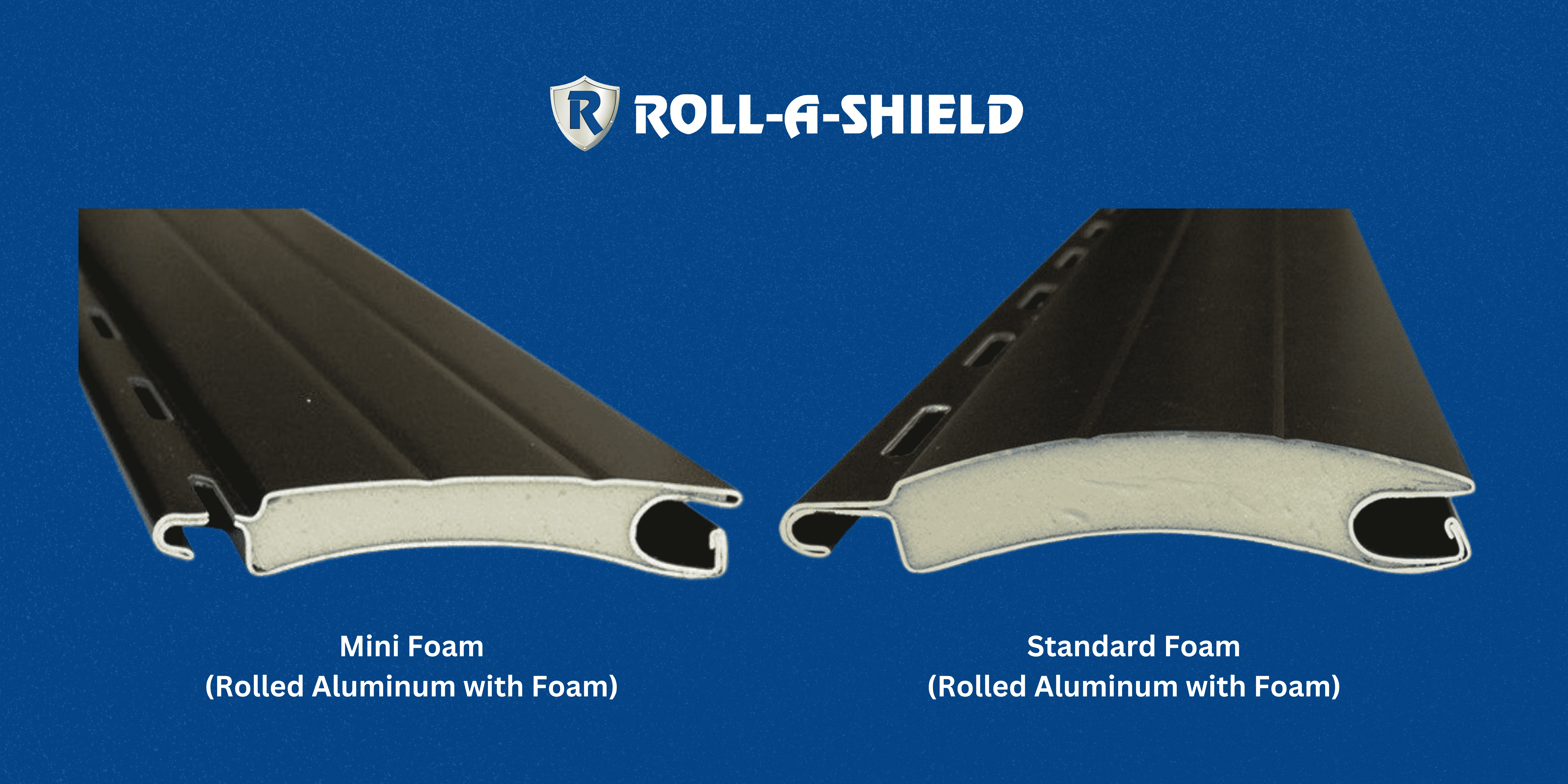 An image showing Roll-A-Shield mini foam extruded aluminum slats and standard foam extruded aluminum slats