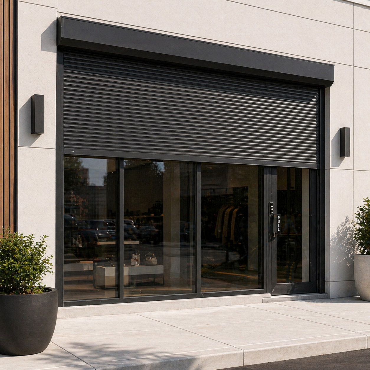 Black commercial rolling shutter protecting a glass storefront