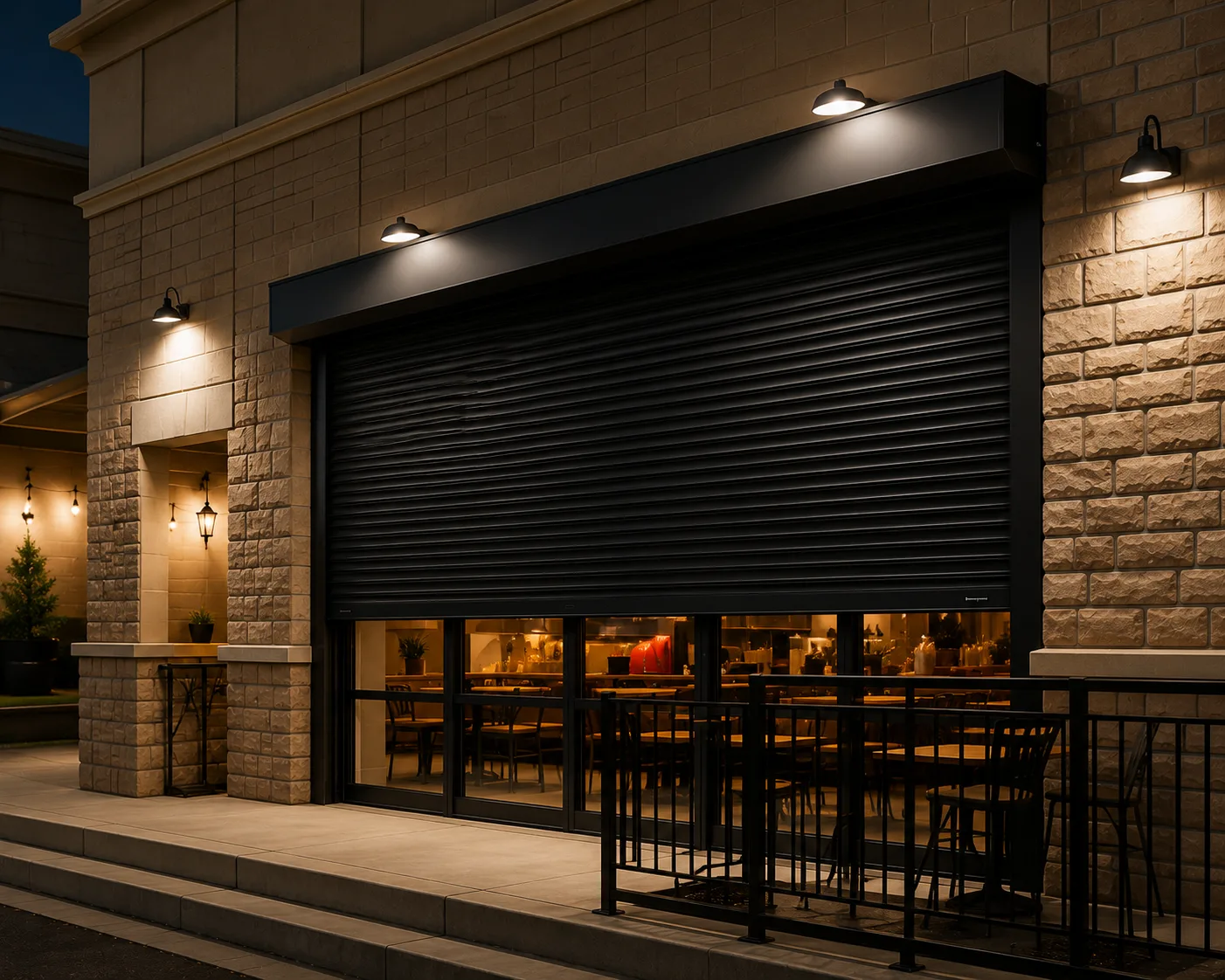 Dark commercial rolling shutter closed on an illuminated storefront providing overnight security after business hours