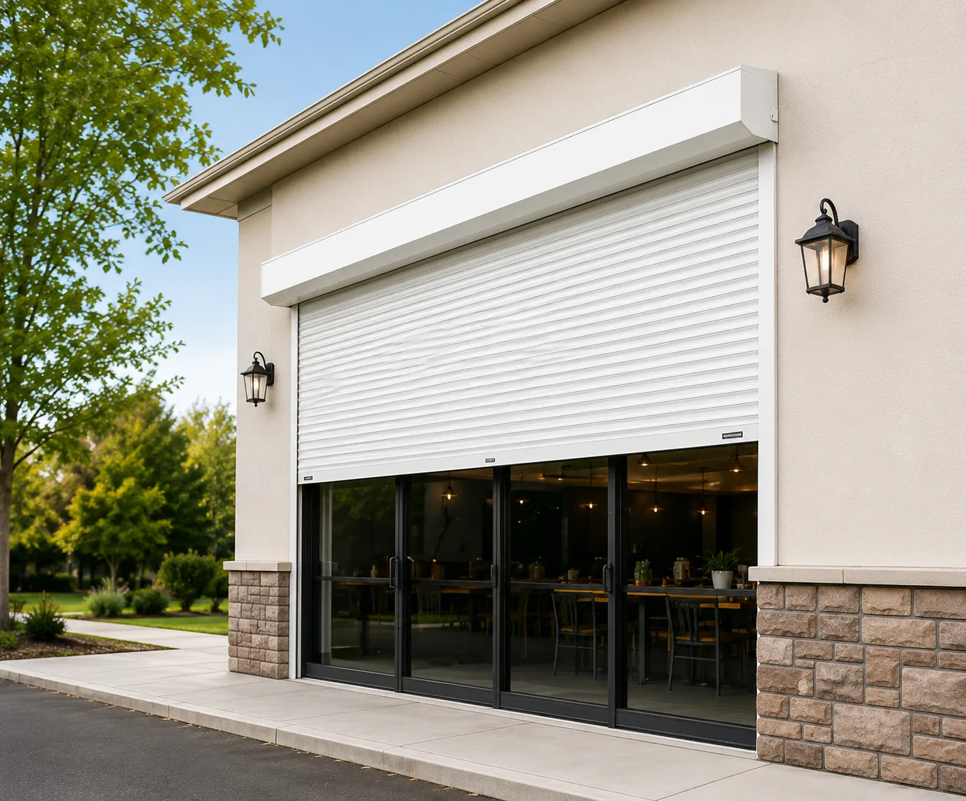 White rolling shutter fully closed over a commercial storefront with brick facade, blocking break-in access
