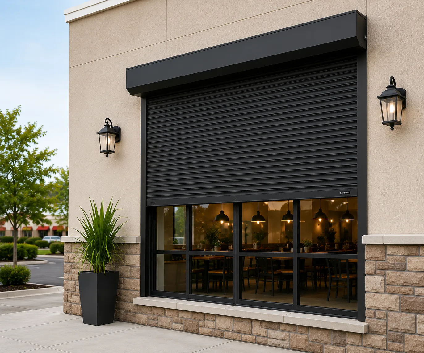 Dark rolling shutter on a modern commercial storefront reducing heat transfer and improving energy efficiency