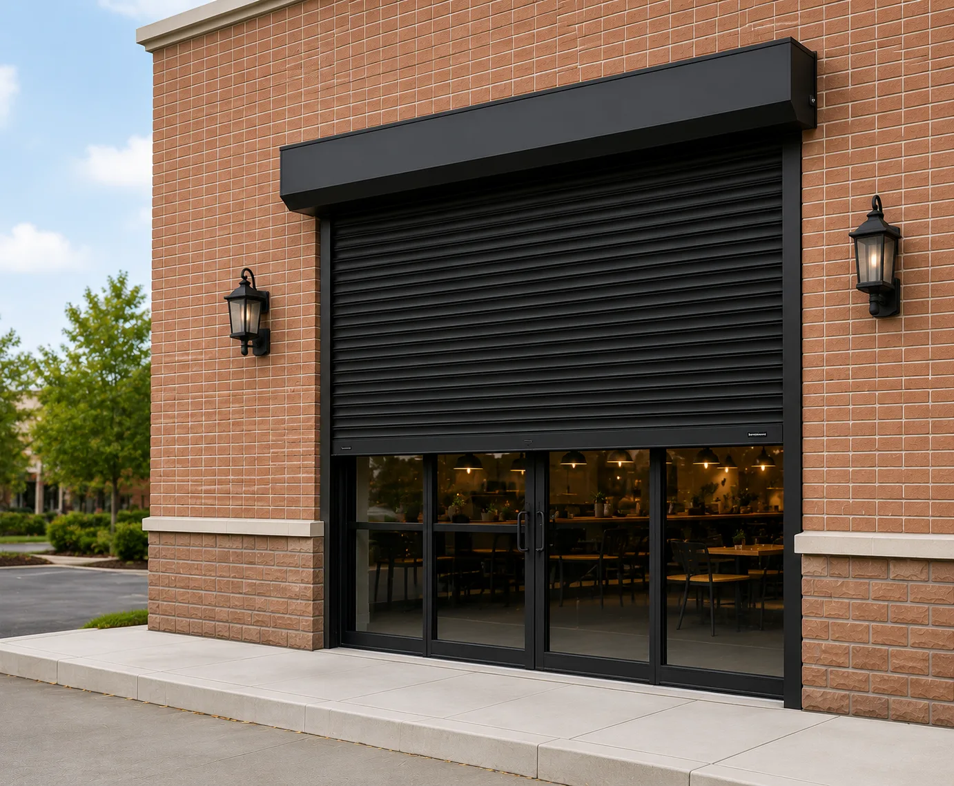 Dark rolling shutter on a brick-facade storefront eliminating smash-and-grab theft vulnerability