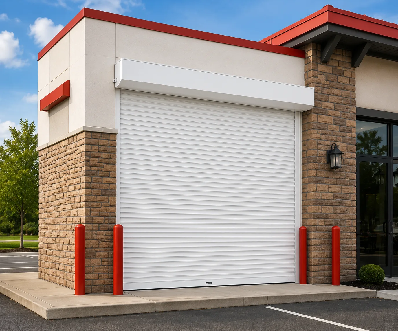 White commercial rolling shutter protecting a storefront with red bollards from storm winds and flying debris