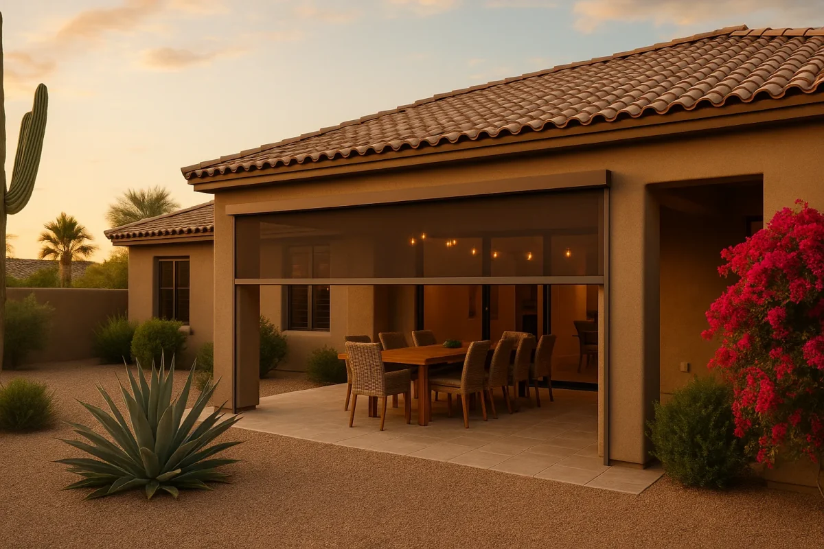 Roll-A-Shield motorized retractable patio screen with espresso mesh and mocha frame, half-extended over an outdoor dining patio at golden hour in Phoenix, AZ