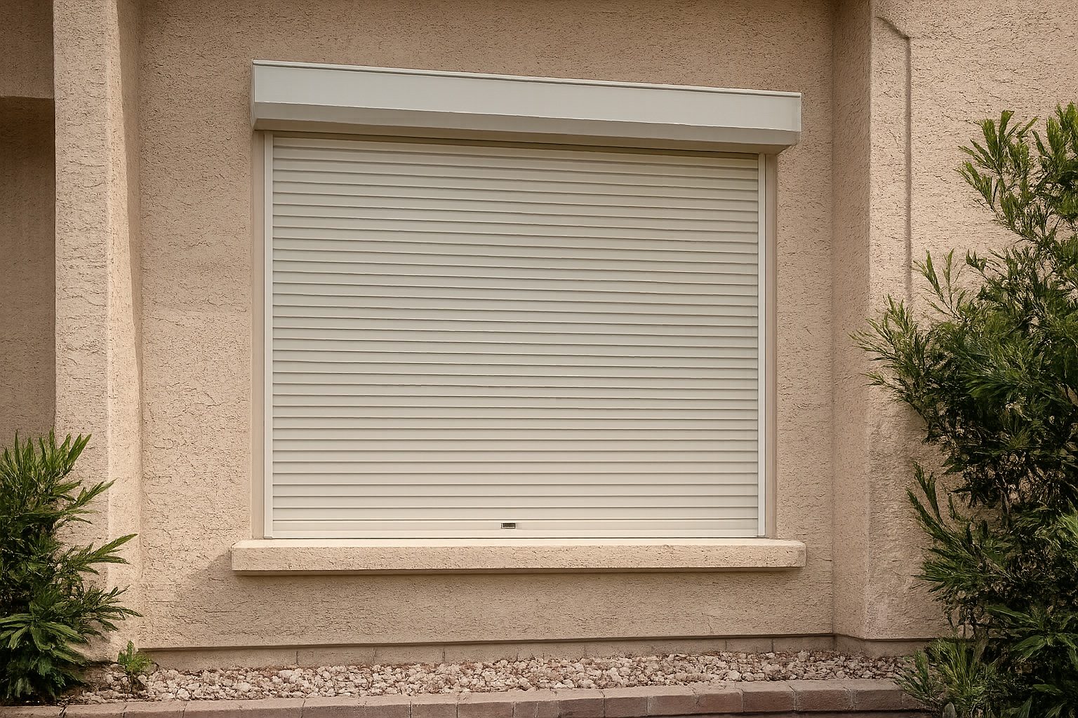 Residential window with a partially open motorized rolling shutter showing the head box, slats, and side tracks