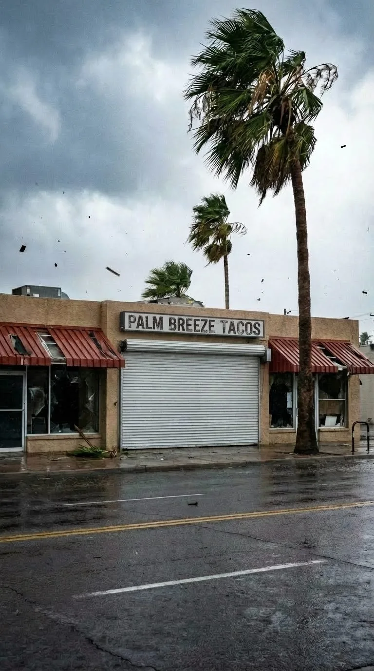 Hurricane-protected storefront with white motorized rolling shutters closed during a storm with palm trees in the wind