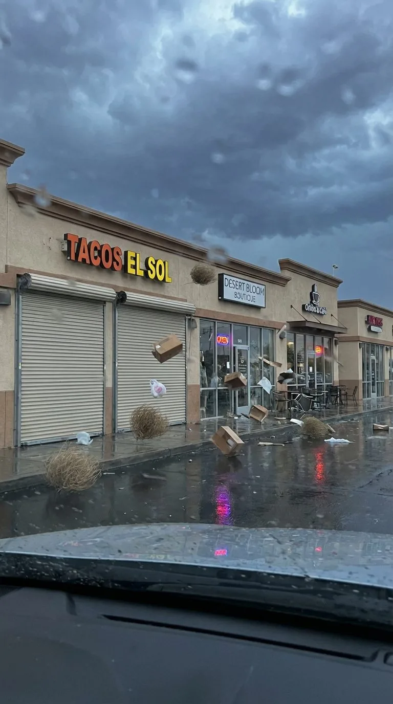 Phoenix monsoon storm rolling over an arterial street with palm trees bending in high wind
