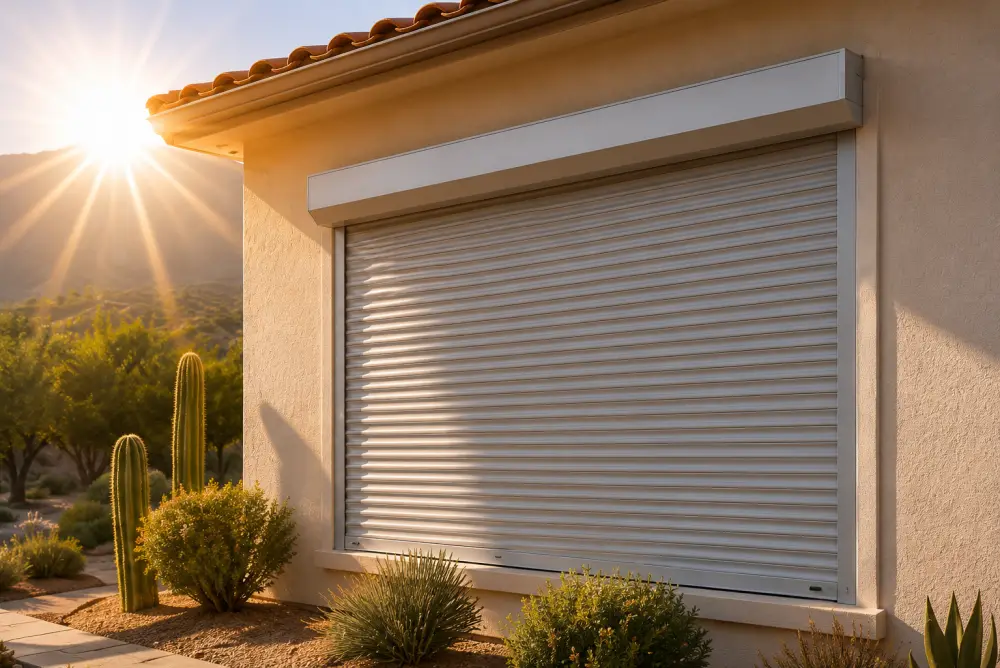 Sunny Arizona desert home with a white outdoor rolling shutter on a large window, bright sun flare and cactus landscaping