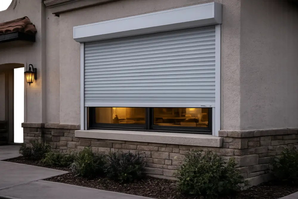 White outdoor rolling shutter partially lowered over a residential window with a stone base and lit interior at dusk