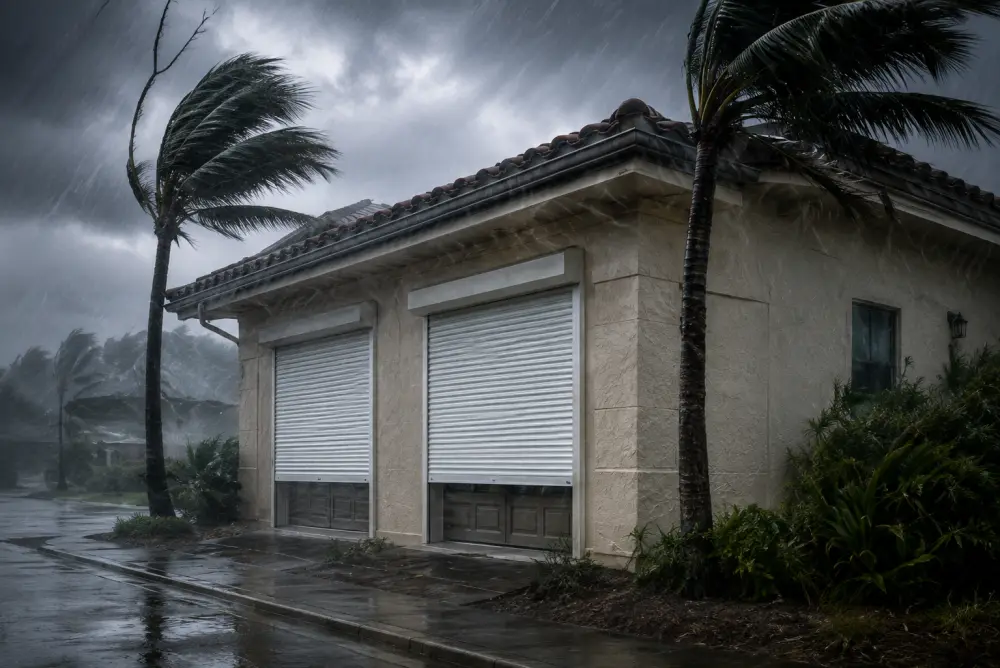 Stucco home in a storm with palm trees bending in heavy wind and rain and white outdoor rolling shutters fully closed for storm protection