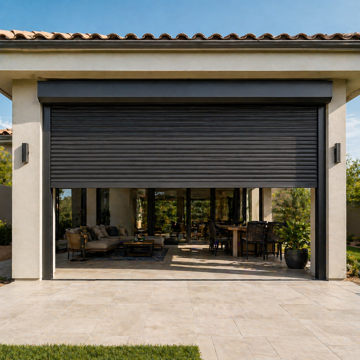 Rolling shutter on a patio sliding door enclosure with outdoor seating