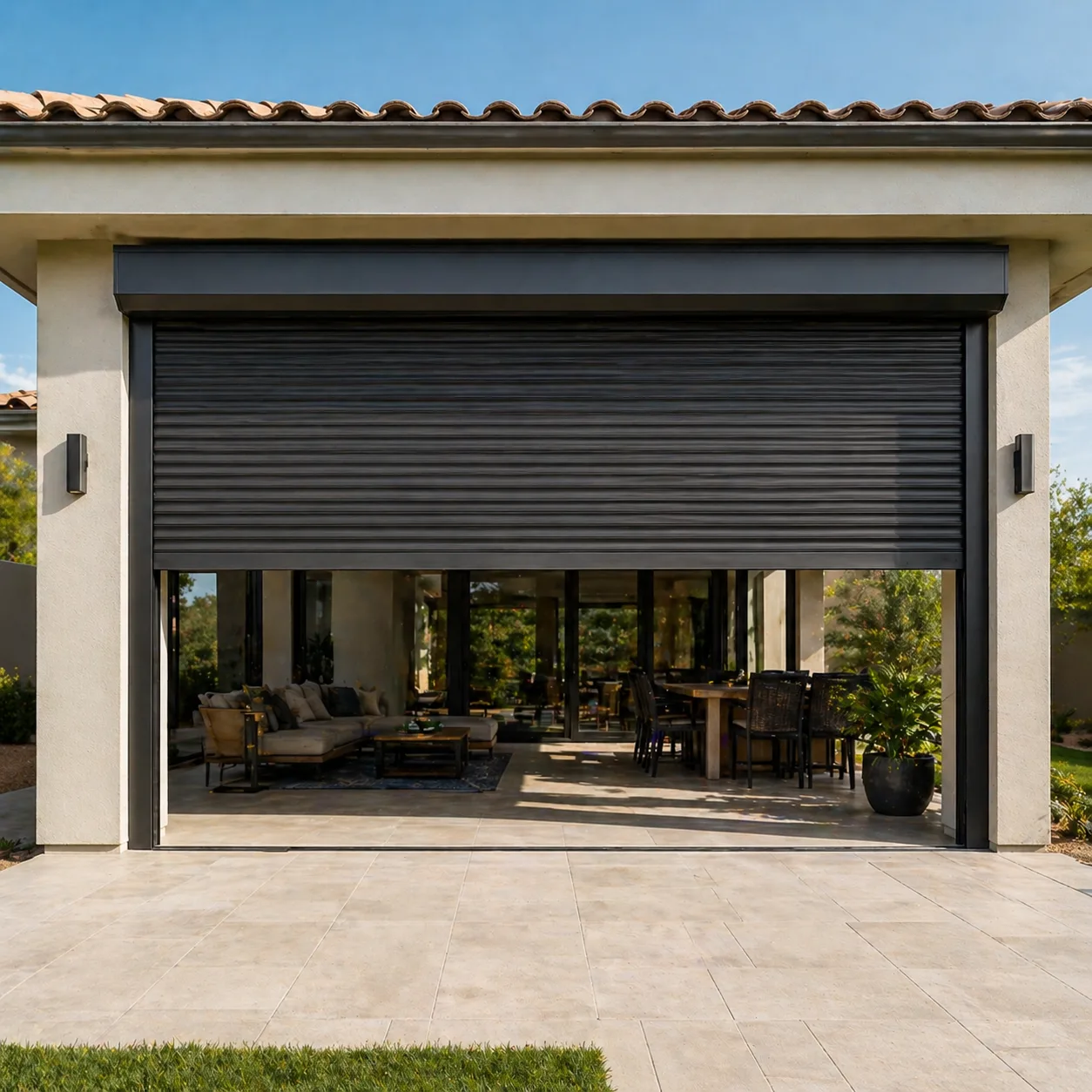Wide patio enclosure with a dark rolling shutter deployed across full-height sliding glass doors, outdoor living area visible underneath