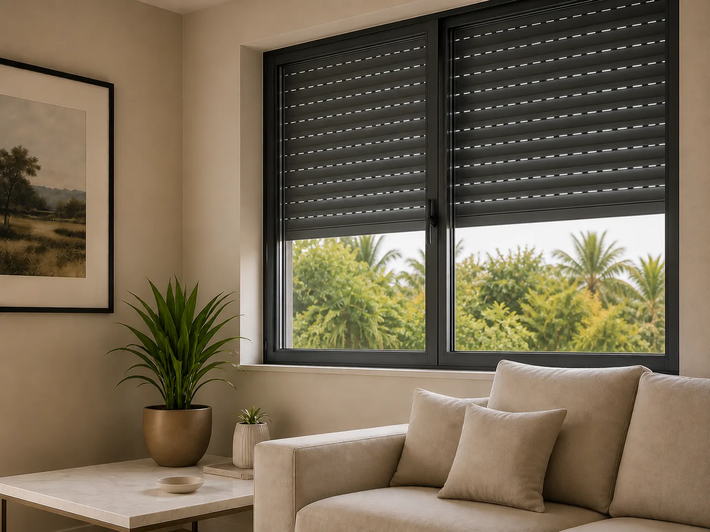 Bright living-room interior with a dark rolling shutter half-closed across a large window, demonstrating energy-saving insulation