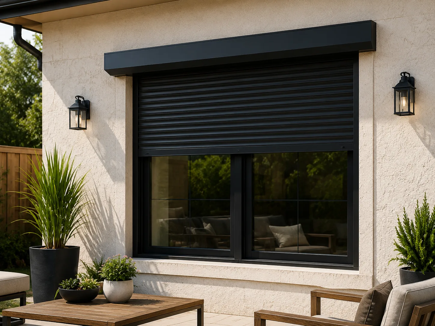 Dark bronze exterior rolling shutter deployed over a residential window on a stucco wall, with patio plants in the foreground
