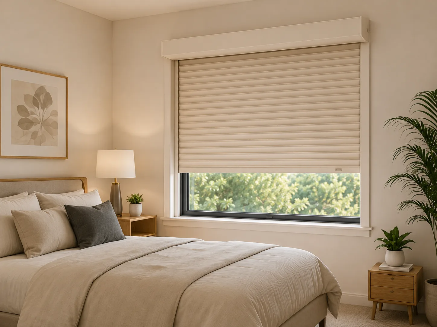 Bedroom interior with a light-colored rolling shutter mounted inside the window reveal, soft natural light and neutral bedding