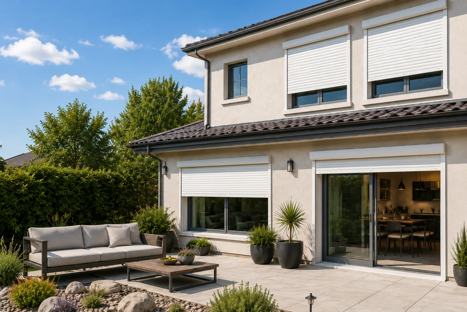Two-story stucco home with rolling shutters installed over upstairs windows and a ground-floor patio enclosure