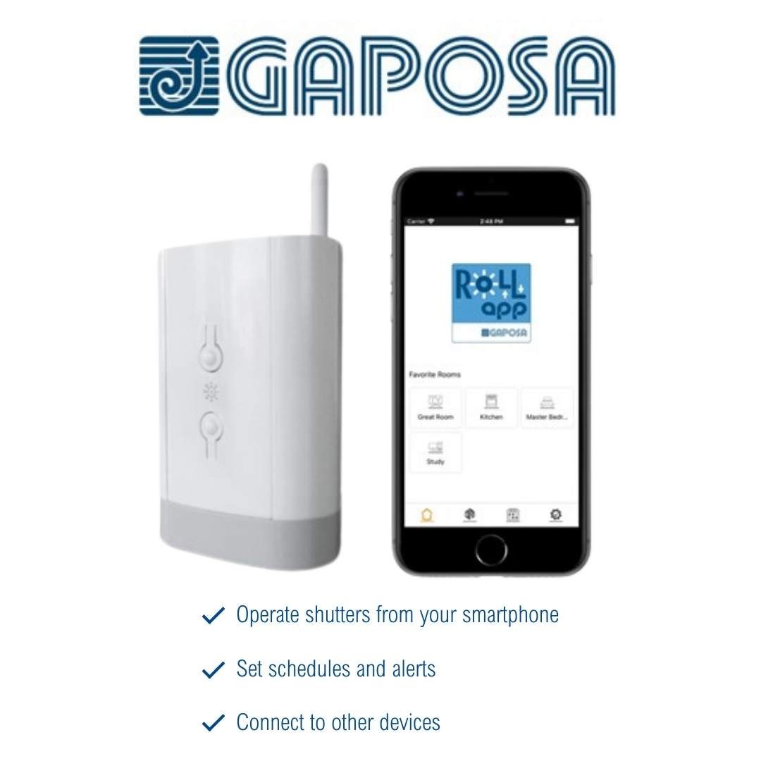 Smartphone showing the Gaposa RollApp app controlling rolling shutters