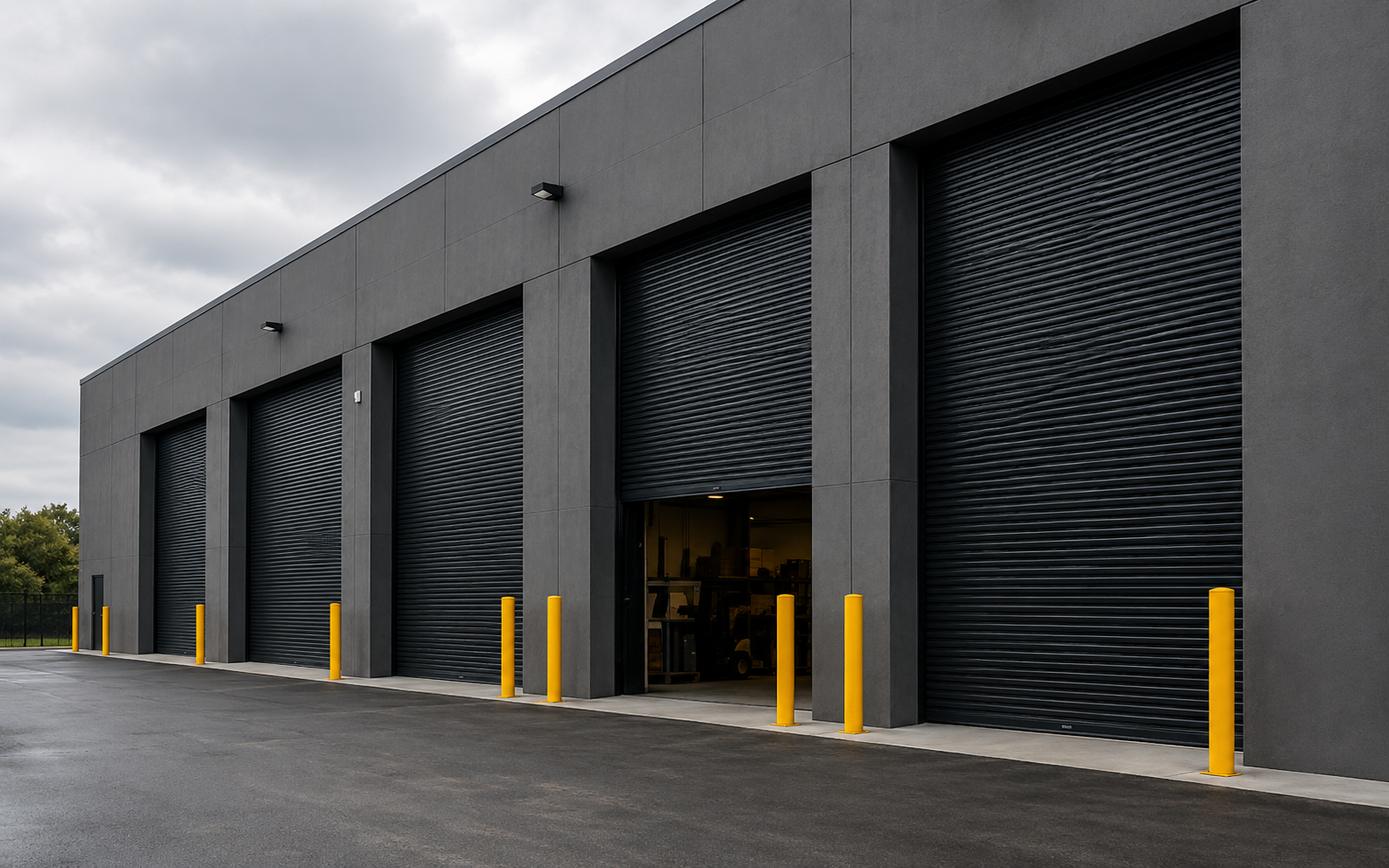 Industrial building with rolling security shutters closed for storm and weather protection