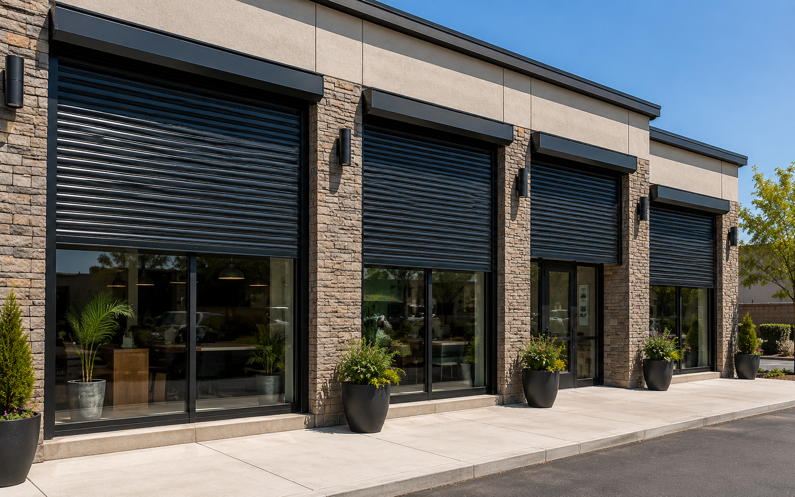 Black exterior rolling shutters blocking UV rays from a sunlit garage door