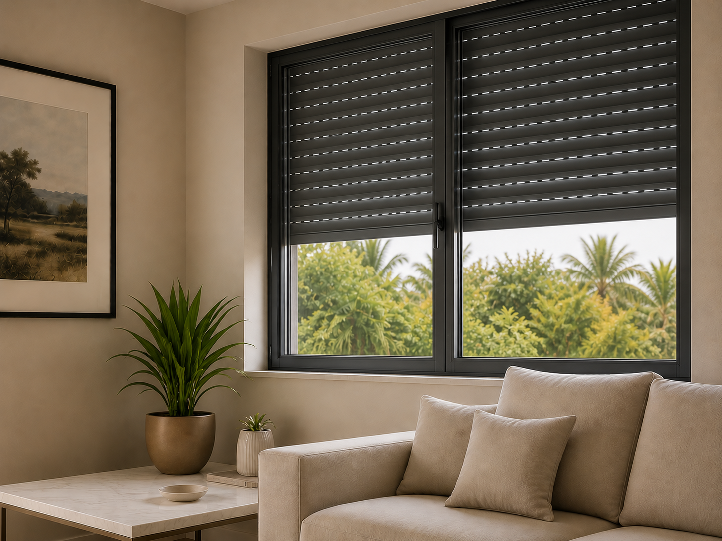 Living-room interior view of a window covered by a partially closed security blind blocking direct sunlight