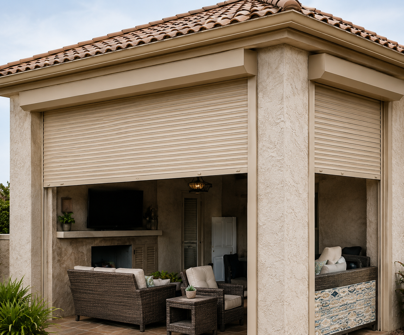 Patio enclosure with security blinds partially retracted to keep the open-air feel