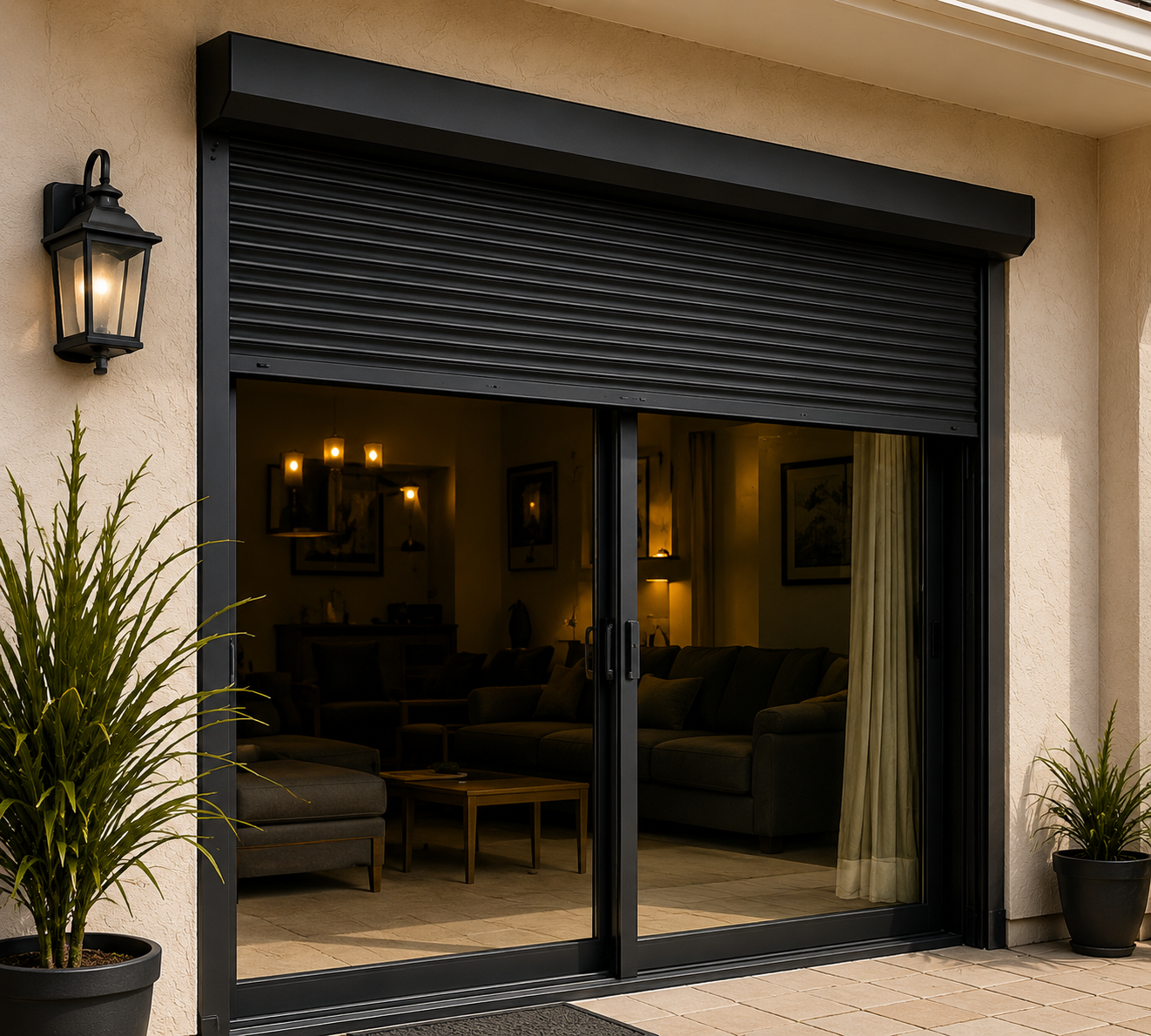 Large sliding glass patio door covered by a closed security blind