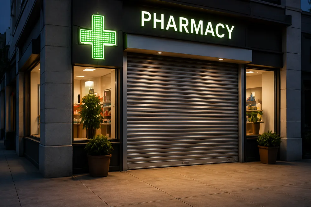 Closed gray roll-down security shutter over a pharmacy storefront at night with illuminated green cross sign overhead