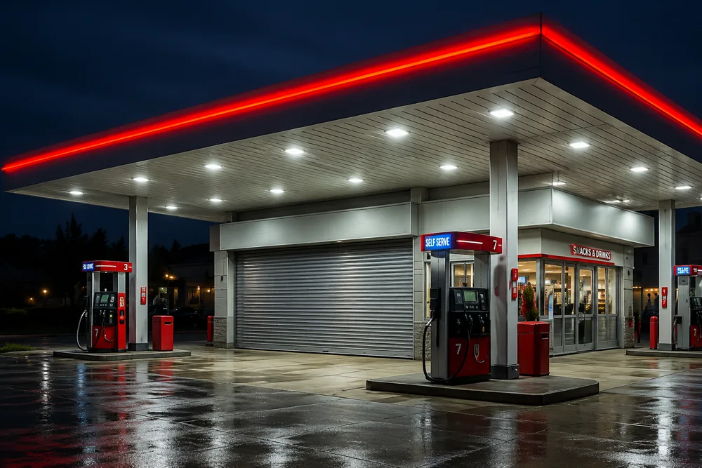 Gas station convenience store at night with security shutter closed over the storefront entrance under red-lit canopy