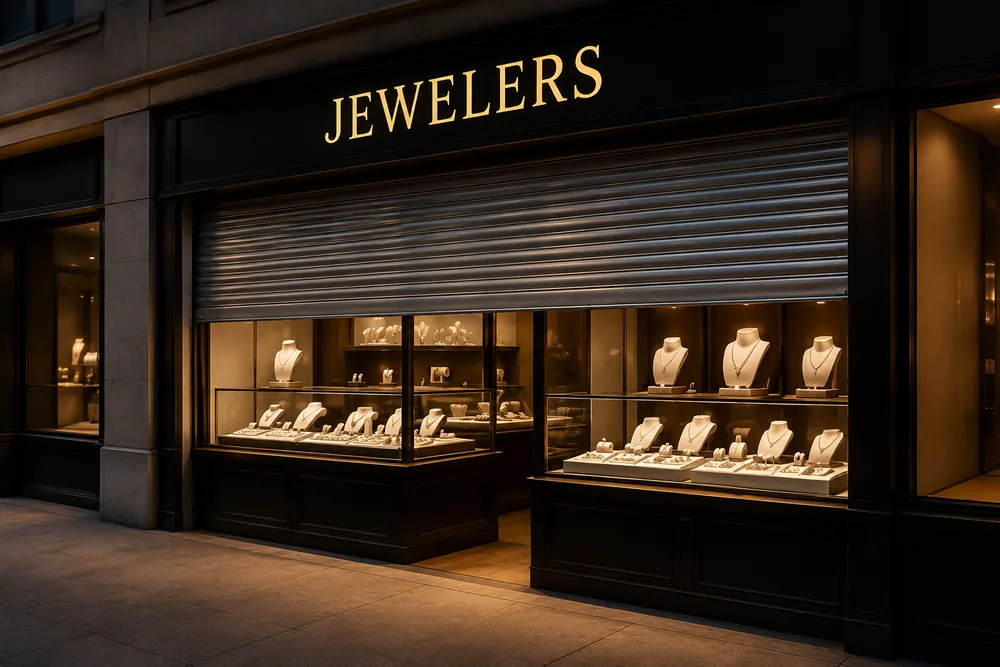 Jewelry store with rolling security shutter partially closed, showing locked display cases through the illuminated glass below the shutter