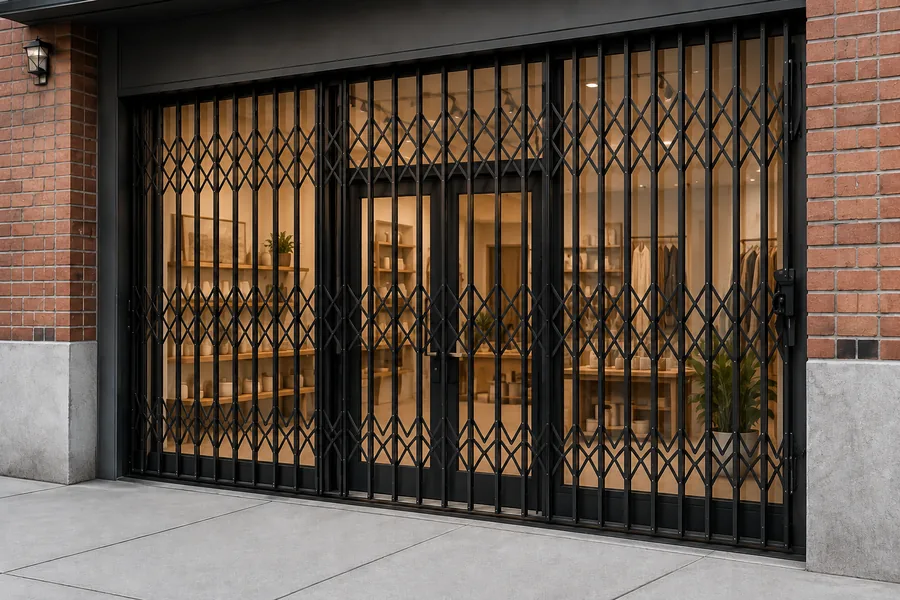 Folding accordion security gate stretched across a brick storefront opening showing merchandise visible behind the metal lattice