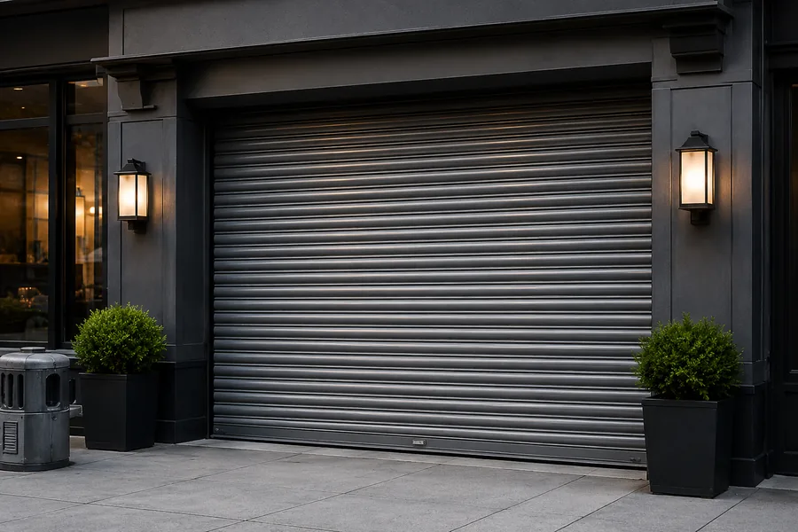 Closed dark rolling security shutter covering an entire storefront opening between two stone pilasters with planters and wall sconces