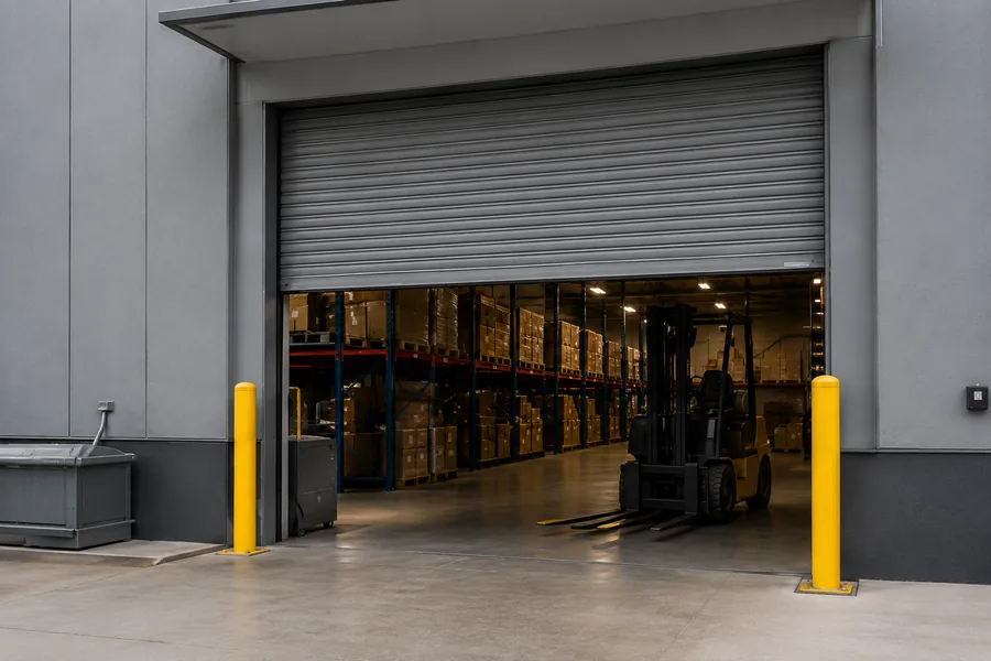 Industrial overhead roll-up door at a warehouse loading bay with forklift and pallet racking visible inside
