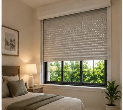Interior-mounted window security shutter installed within the window reveal of a bedroom