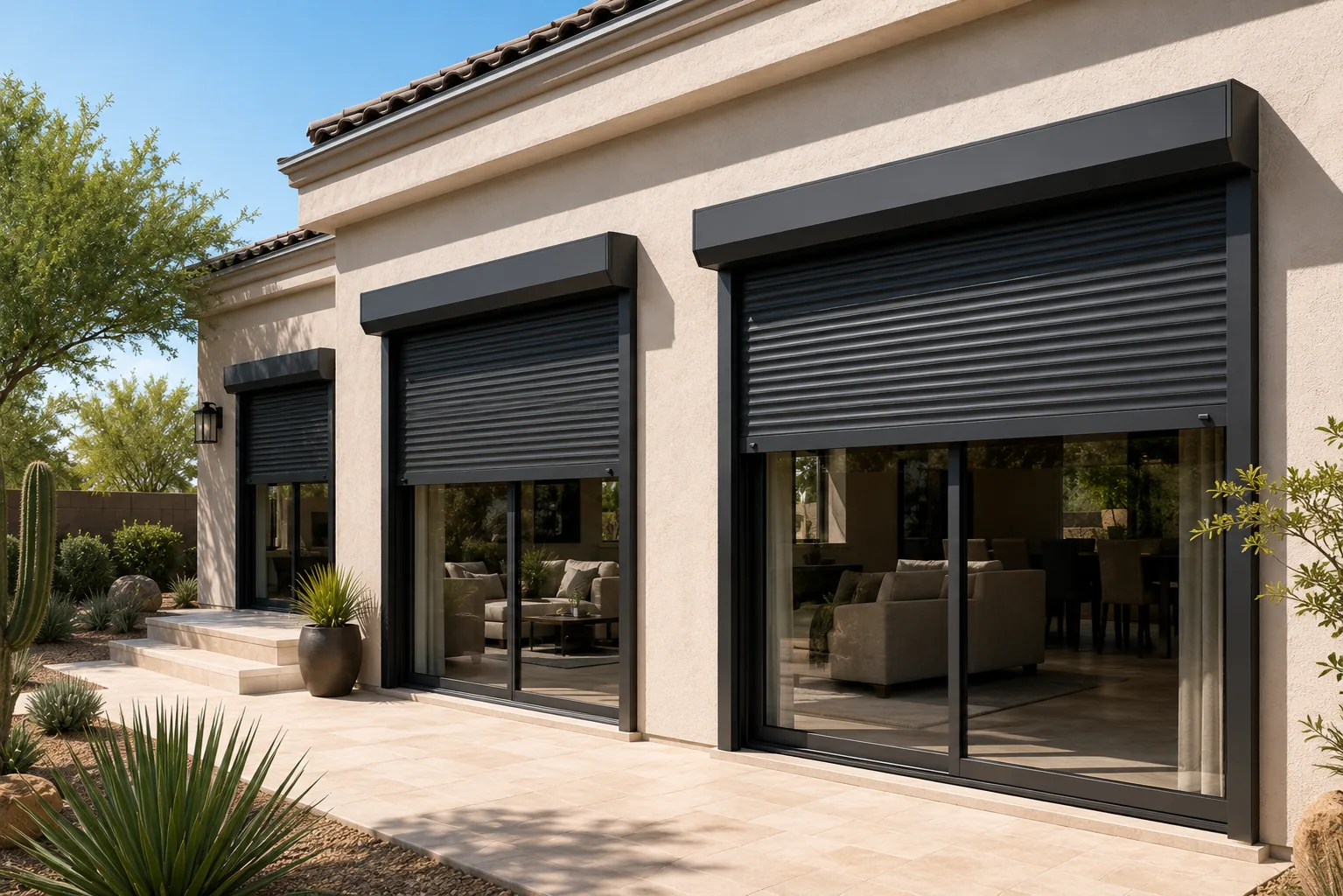 Black motorized rolling security shutter installed over patio doors
