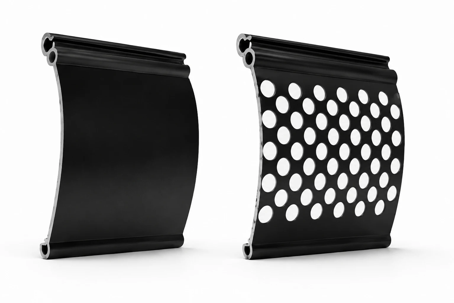 63mm HD Solid and 63mm HD Perforated extruded aluminum slat profiles side by side