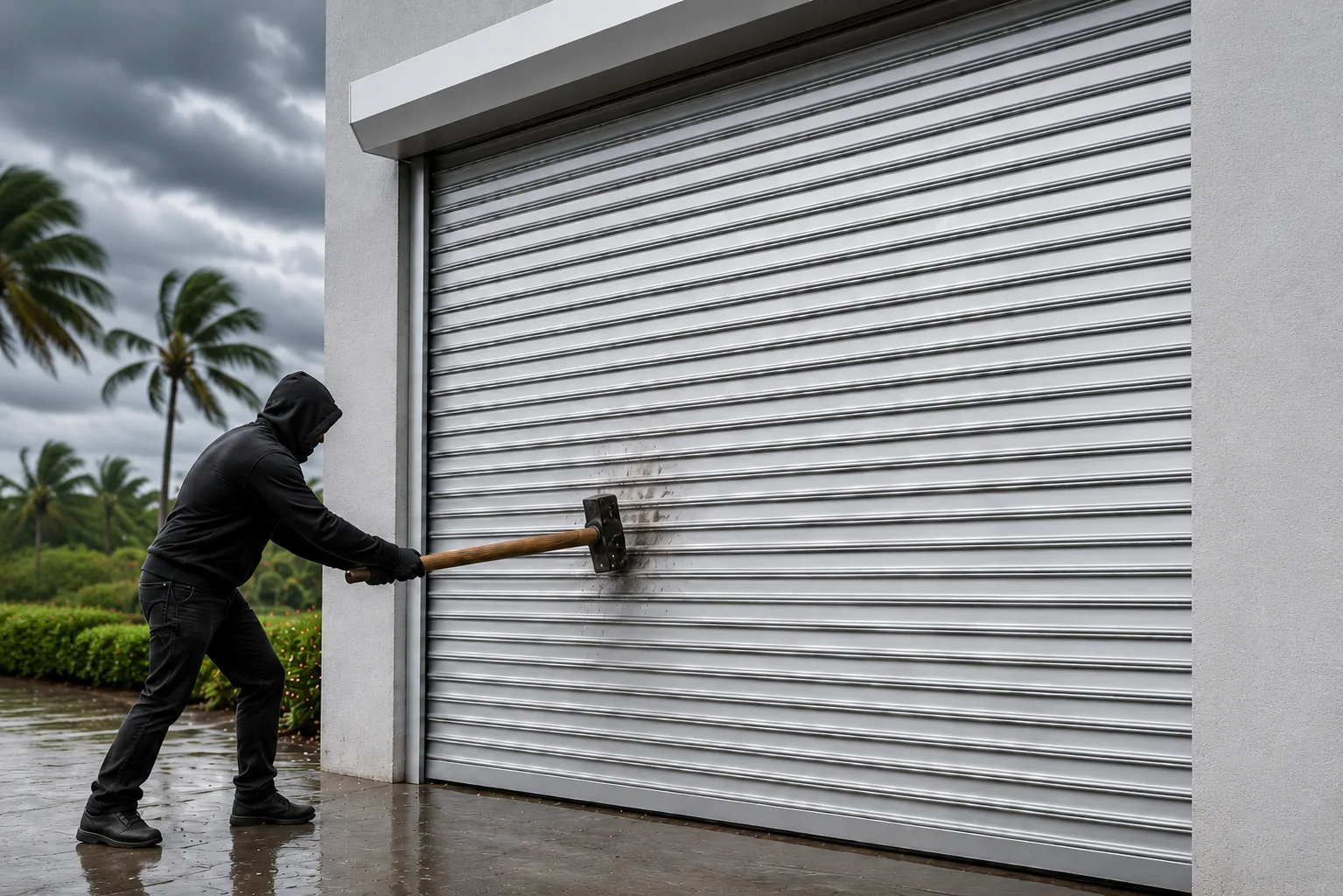 Extruded aluminum rolling shutter resisting a forced-entry attempt during a storm