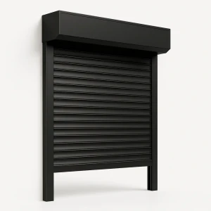 Black motorized security shutter — angled view showing the slat profile