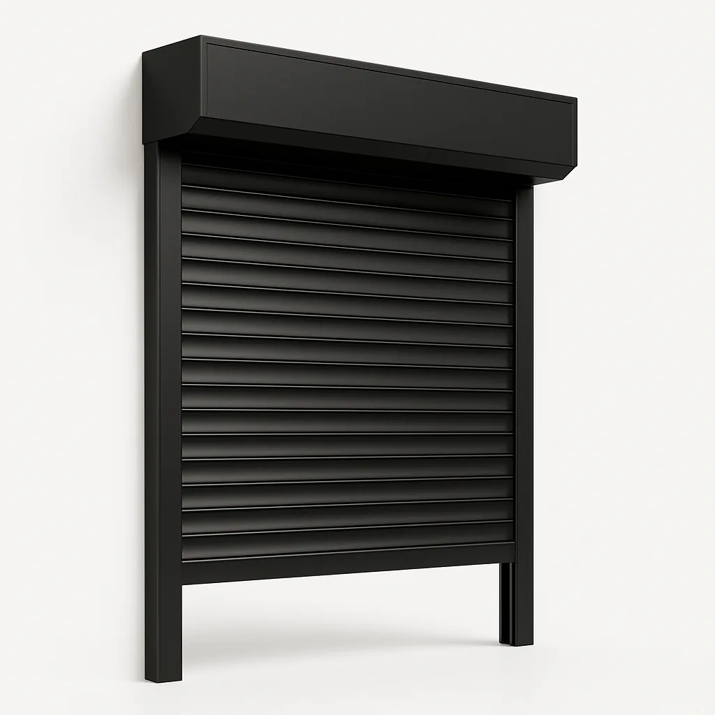 Black motorized security shutter — angled view showing the slat profile
