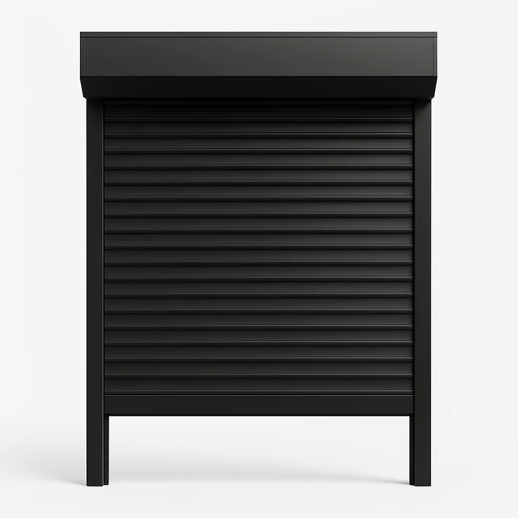 Black motorized security shutter, three-quarters closed — front view