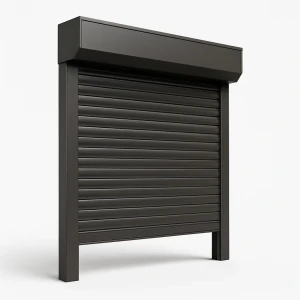 Bronze roll-down security shutter — angled view showing the slat profile
