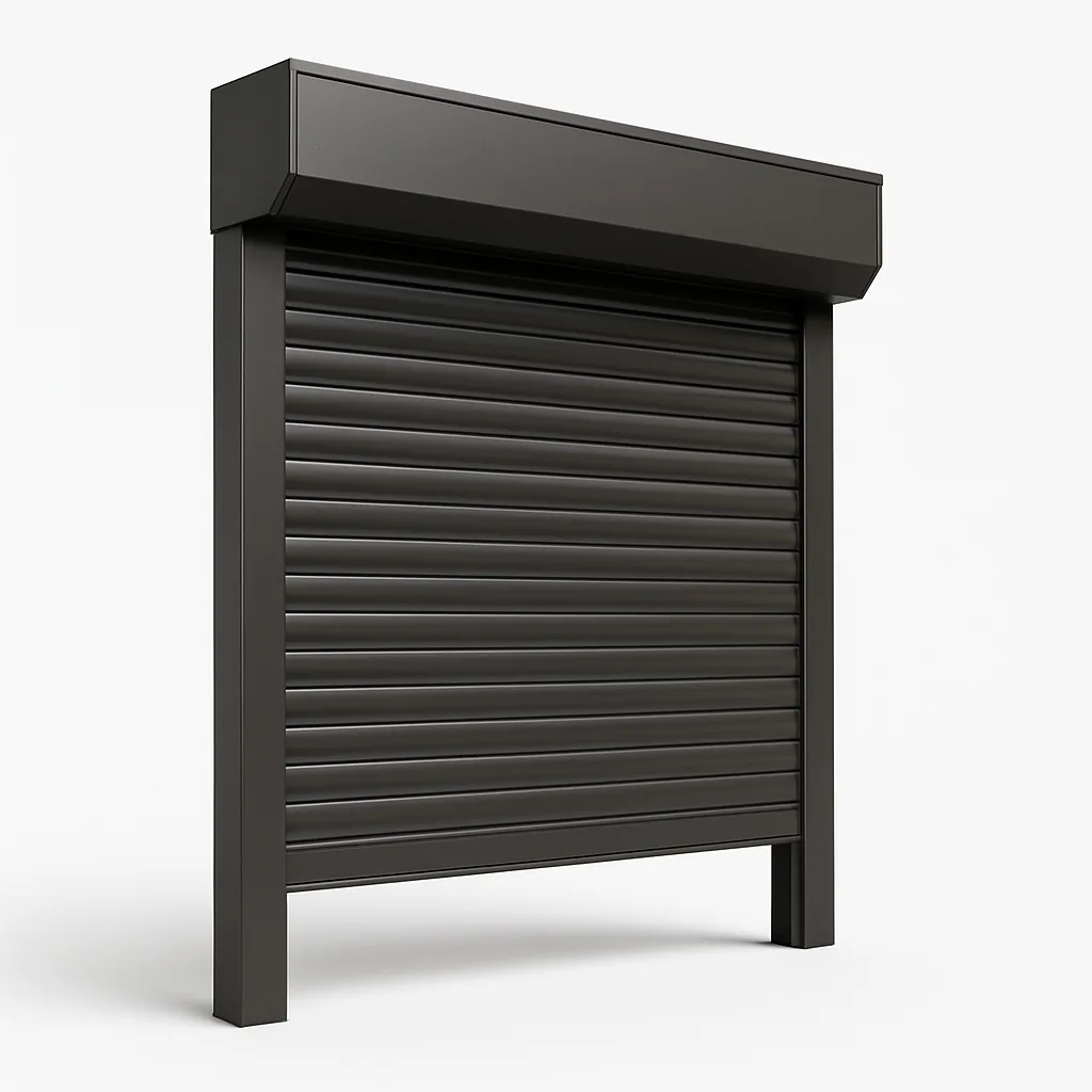 Bronze roll-down security shutter — angled view showing the slat profile
