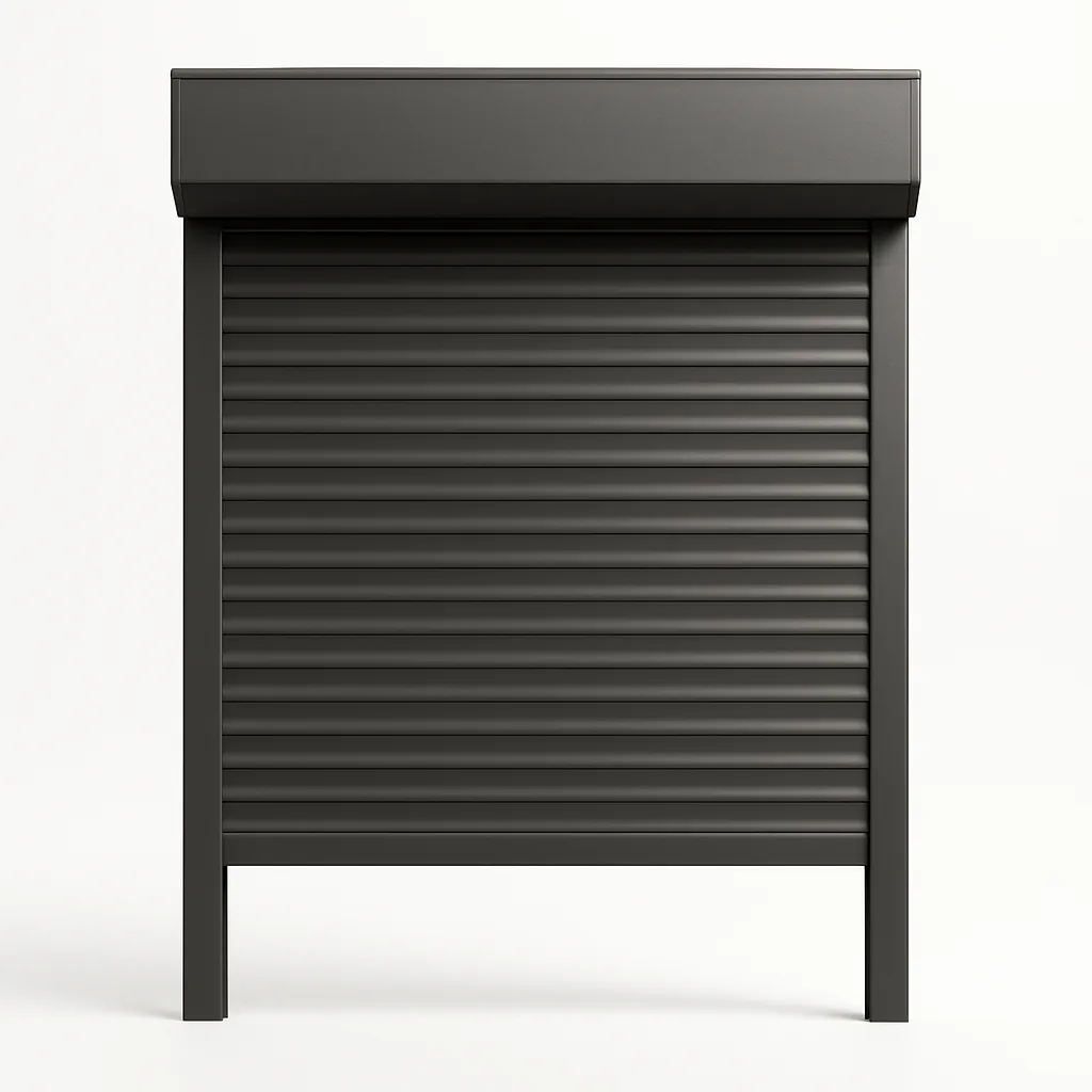 Bronze roll-down security shutter, three-quarters closed — front view