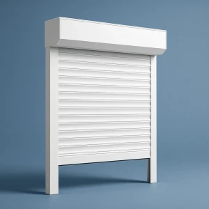 White motorized security shutter — angled view showing the slat profile