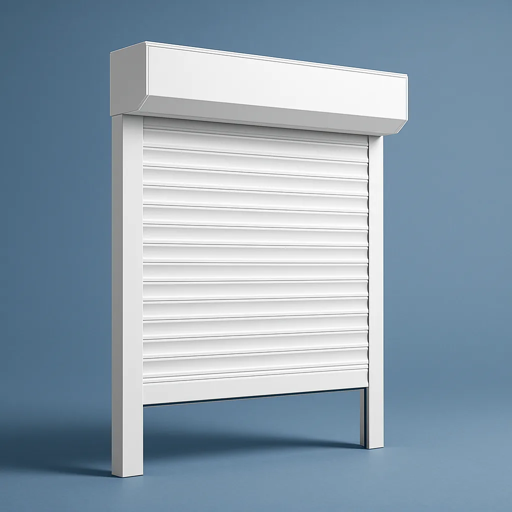 White motorized security shutter — angled view showing the slat profile