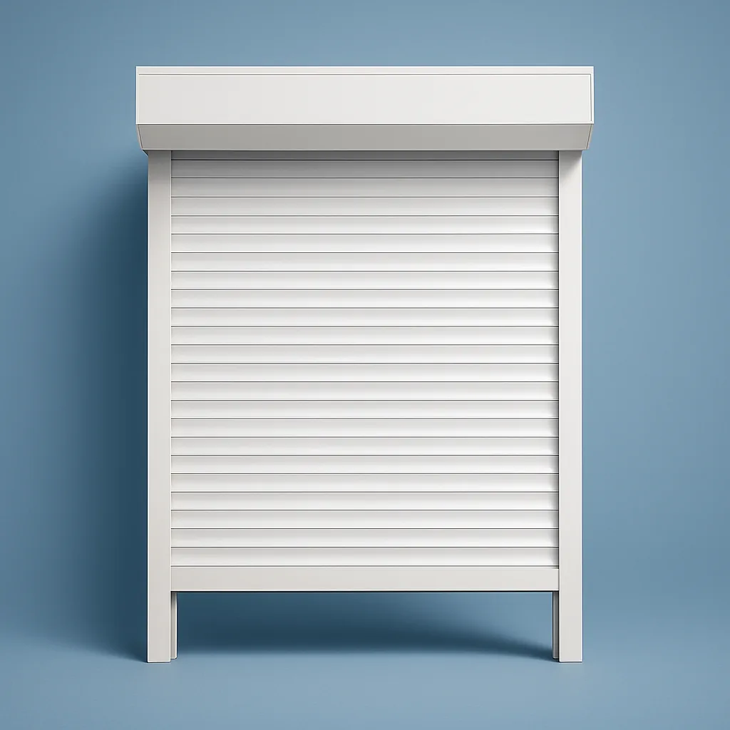 White motorized security shutter, three-quarters closed — front view