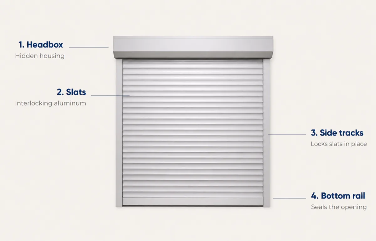 Rolling security shutter parts: headbox, insulated slats, guide rails, bottom rail