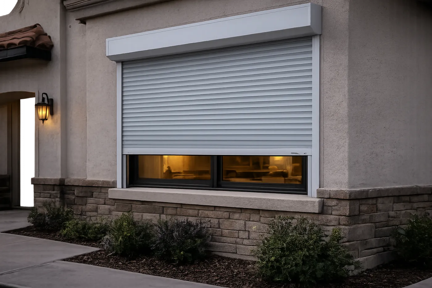 White rolling shutter lowered over a large window for break-in protection