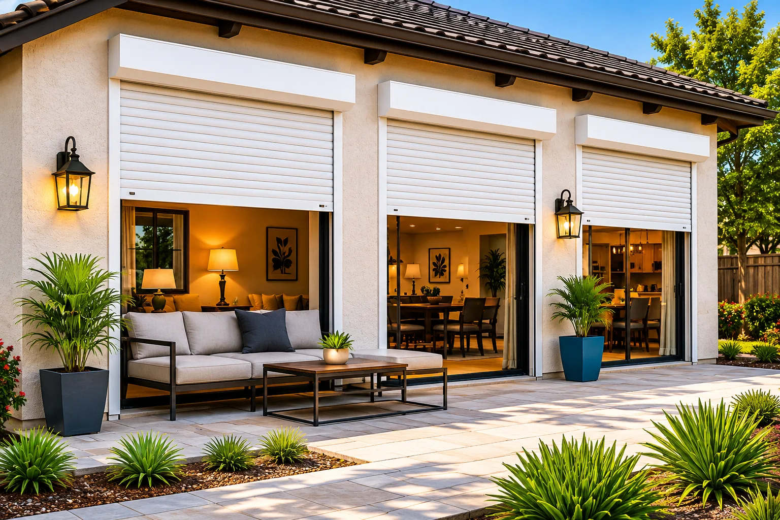 White rolling shutters partially raised over patio sliding glass doors on an Arizona home