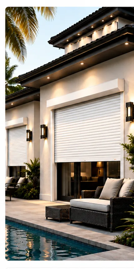 Backyard pool patio with Roll-A-Shield 38mm insulated rolling shutters installed over multiple openings