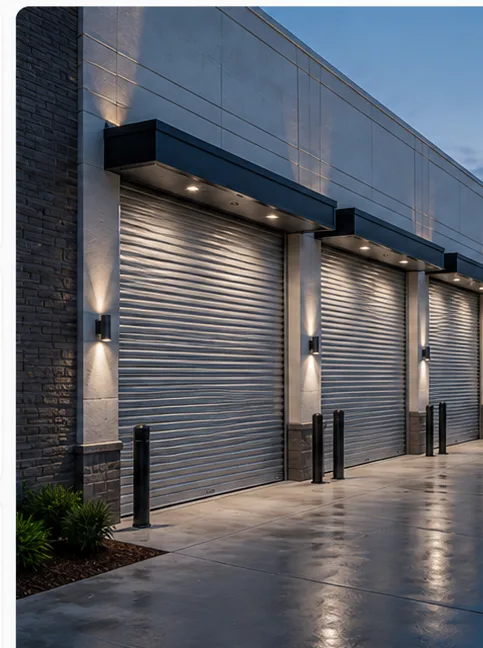 Commercial storefront at dusk protected by Roll-A-Shield 38mm insulated rolling shutters